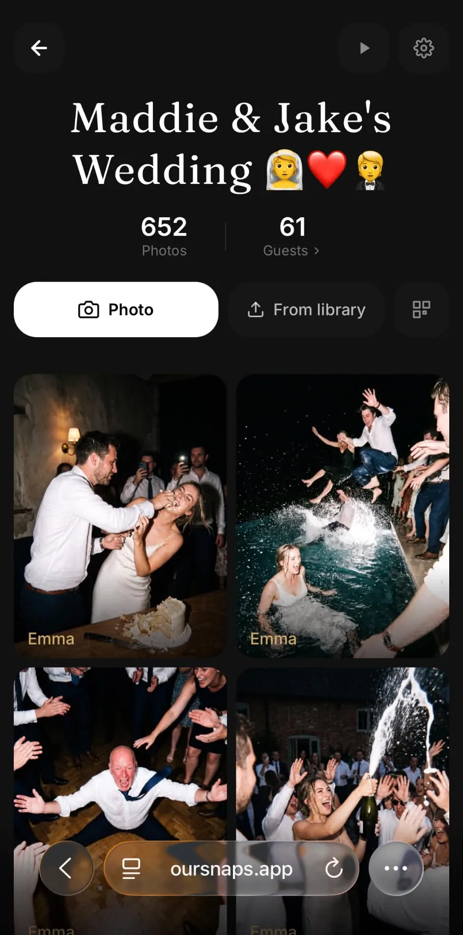 Wedding photo gallery in the OurSnaps app